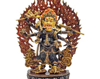 Tibetan White Mahakala Statue: 24K Gold Gilded Copper Protector Deity