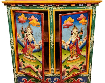 Handcrafted Tibetan Cabinet: Tara Design, Hand-Painted Doors