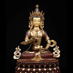 24K Gold Gilded Vajrasattva Buddha Statue: Oxidized Copper, Acrylic Accents