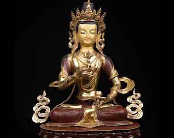 24K Gold Gilded Vajrasattva Buddha Statue: Oxidized Copper, Acrylic Accents