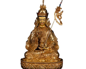 Handcrafted Guru Rinpoche Statue: 24K Gold Tibetan Buddha Altar Decor