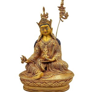 Buddhist Handmade Statue Of Padmasambhava | 24K Gold Gilded and Face Painted With Stone Setting