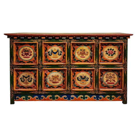 Handpainted Ashtamangala Tibetan Cabinet: Two-drawer Storage & 8