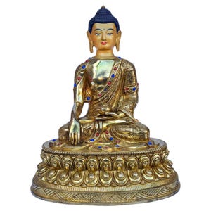 24K Gold Gilded Shakyamuni Buddha Statue with Stone Setting (26cm)