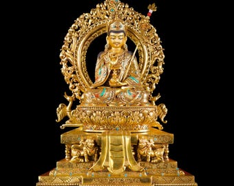 Estatua de Guru Rinpoche / Padmasambhava tibetano / Oro de 24k dorado / Hecho a mano en Nepal