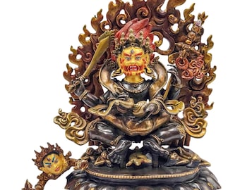 Tibetan Mahakala Statue: Chocolate Oxidized Copper, 4-Armed Protector