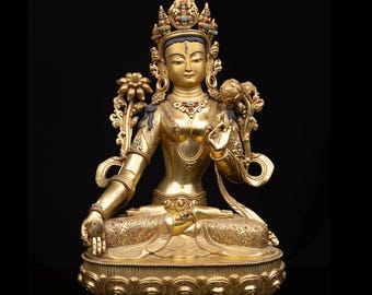24K Gold Gilded White Tara Statue: Handcrafted Sacred Art