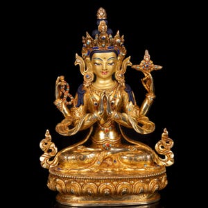 24K Gold Gilded Chenrezig Statue: Handcrafted Tibetan Buddhist Art