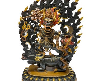 Gold Gilded Yamantaka Statue: Wrathful Buddhist Protector, Copper Altar Decor