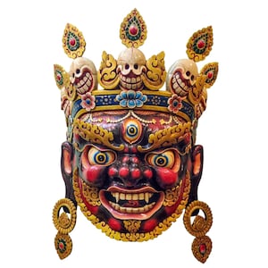 70Cm Handmade Bhairav Wooden Mask | Intricately Carved Wall Hanging Decor | High-Quality Artisan Design | Symbolic Hindu and Buddhist Art