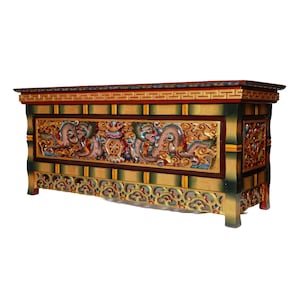 Exquisite Tibetan Hand-Carved Wooden Altar Table | Alter Foldable Meditational Table | Wooden Shrine for Home Decor and Meditation Spaces