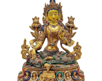 Handmade Green Tara Statue: 24K Gold Gilded Tibetan Buddhist Decor