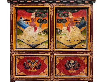 Tibetan Cabinet with Four Doors | Hand-Painted Traditional Art | Buddhist Wooden Furniture