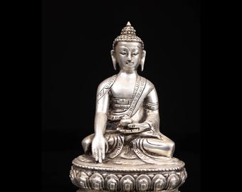 携帯用釈迦牟尼仏像、3.7インチ銀メッキ銅、機械製スピリチュアル装飾