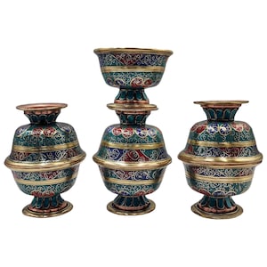 Ornate Copper Offering Bowl Set with Stand | 7 Pieces, Stone Inlay | Ideal for Water, Rice, or Incense Offering | Tibetan Buddhist Altar Set