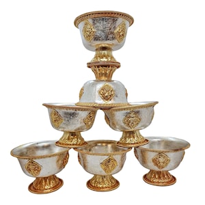 Hand Carving Copper offering Bowl with Stand | Offering Bowl 7 Pcs Set With Gold and Silver Plated