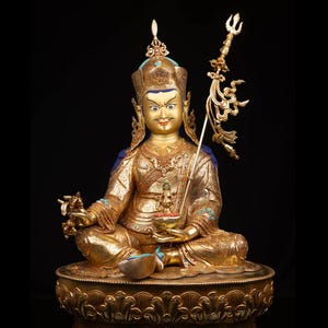 24K Gold Gilded Padmasambhava Guru Statue: Tibetan Buddhism Decor