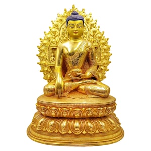 Shakyamuni Buddha Statue | Double Base Design | 24K Gold Gilded | The Enlightened One | Buddhist Teacher of Humanity | Handcrafted Art