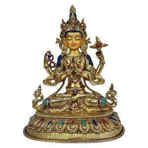 24K Gold Gilded Chenrezig Statue: Tibetan Buddhist Art