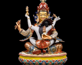 24K Gold Gilded Padmasambhava Statue: Hand-Painted Tibetan Buddhist Art