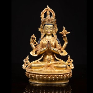24K Gold Gilded Chenrezig Statue: Tibetan Buddhism Art (9.8&quot;)