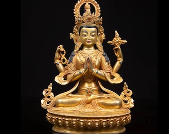 24K Gold Gilded Chenrezig Statue: Tibetan Buddhism Art (9.8")