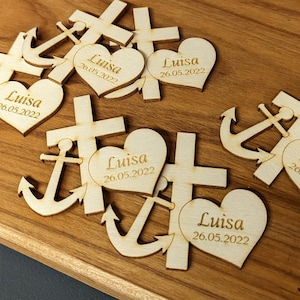 Wooden table decoration - Baptism / Communion / Confirmation - Scatter decoration for parties - Faith Love Hope - Engraved - Personalized