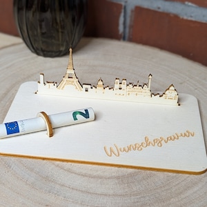 Paris Skyline Geldgeschenk Frankreich - Holz Verpackung - Display - Geburtstag/Kommunion/Konfirmation/andere Festlichkeiten - personalisiert