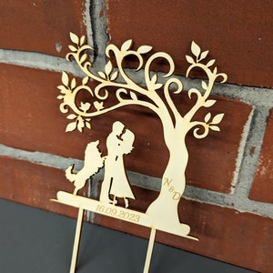 Bride and groom with dog cake topper - personalized wedding cake topper - wooden/bamboo cake topper - cake topper with dog