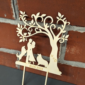 Bride and groom with 2 dogs cake topper - personalized wedding cake topper - wooden/bamboo cake topper - cake topper with dog