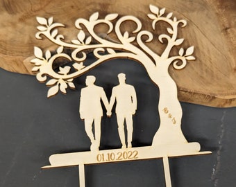 Schwules Paar Caketopper / Tortenstecker aus Holz mit Personalisierung - individuelle Gravur - Für Hochzeit - LGBTQ Pärchen