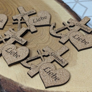 Cork table decoration - Baptism / Communion / Confirmation - Scatter decoration for parties - Faith Love Hope - Engraved