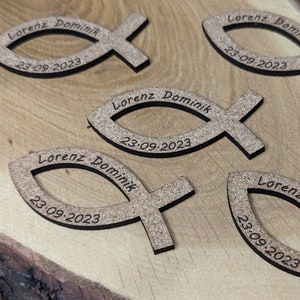 Fish made of cork - Personalized table decoration - Baptism / Confirmation / Communion - Personalized scatter decoration -