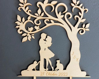 Bridal couple with 2 cats cake topper - wedding cake topper personalized - cake topper made of wood/bamboo - cake topper with cats