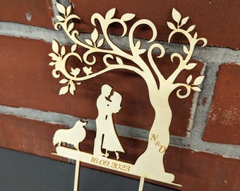 Bridal couple with collie cake topper - personalized wedding cake topper - wooden/bamboo cake topper - cake topper with dog