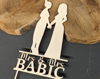 Lesbian couple cake topper / cake topper made of wood with personalization and "Mrs & Mrs" - individual engraving - for wedding - LGBT couples