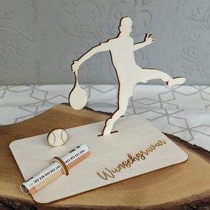 Tennis Geldgeschenk - Holz Verpackung - Display - Geburtstag / Kommunion / Konfirmation / andere Festlichkeiten - personalisiert