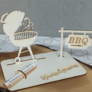 Grillen BBQ Geldgeschenk - Holz Verpackung - Geburtstag / Kommunion / Konfirmation / andere Festlichkeiten - Geldgeschenk personalisiert