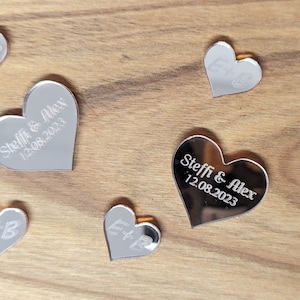 Mirror glass personalized table decoration - wooden hearts - wedding / birthday / baptism / communion / anniversary - personalized scatter decoration
