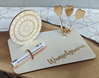 Cadeau en forme de fléchette - Emballage en bois - Présentoir - Anniversaire / Communion / Confirmation / Autres célébrations - Personnalisé