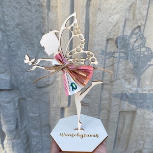 Fata regalo in denaro - confezione in legno - esposizione - compleanno/comunione/cresima/altre festività - regalo in denaro personalizzato