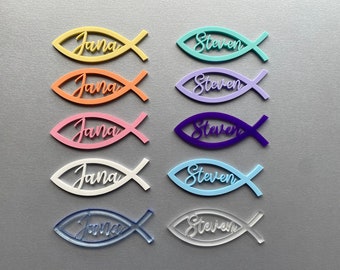 Bunte Fische- Personalisierte Tischdeko gelasert - Taufe / Konfirmation / Kommunion - Pastellfarbe/Metallfarbe/Spiegelacryl