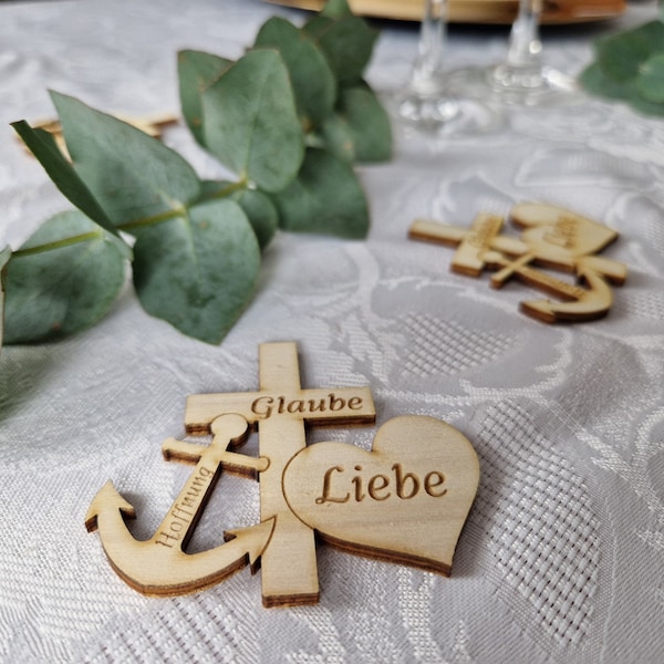 Wooden table decoration - baptism / communion / confirmation - scatter decoration for celebrations - faith, love, hope - engraved