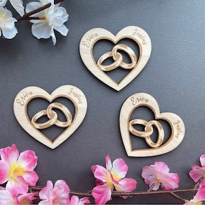 Personalized table decoration - Wooden heart - Heart with wedding rings - Personalized scatter decoration - Personalized hearts
