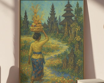 Sentiero del tempio balinese - Arte murale stampabile in stile impressionista / Download digitale di donna con offerta in giardino tropicale / Cultura di Bali