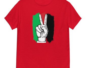 T-shirt classica unisex con scritta Palestine Pease Hand Sign