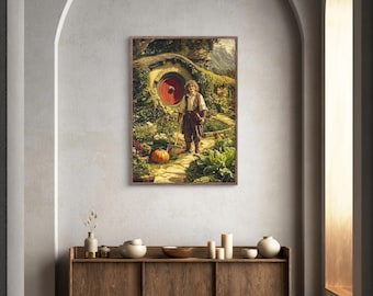 Stampa artistica fantasy con cottage in giardino accogliente – Decorazione murale di campagna stravagante per case Hobbitcore