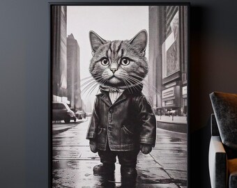 Mysterious Cat Noir - Opere d'arte alla moda in bianco e nero - Stampa artistica antropomorfa in stile vintage