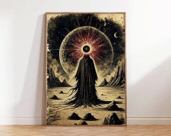 Poster gotico surreale oscuro / Arte figurativa celeste senza testa / Stampa digitale occulta vintage / Decorazione murale horror cosmico