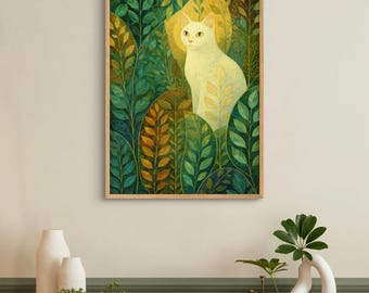 Gatto bianco mistico nella foresta incantata – Poster artistico stampabile / Decorazione murale botanica stravagante / Illustrazione di gatto scaricabile digitalmente